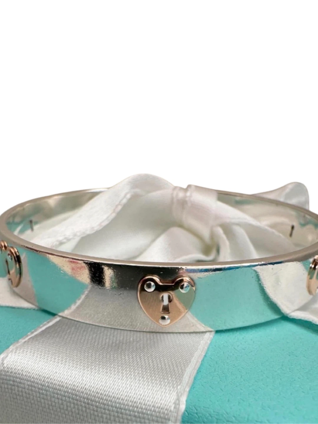💯 Authentic Tiffany and Co. Silver & 18k RGold Heart Lock Bangle