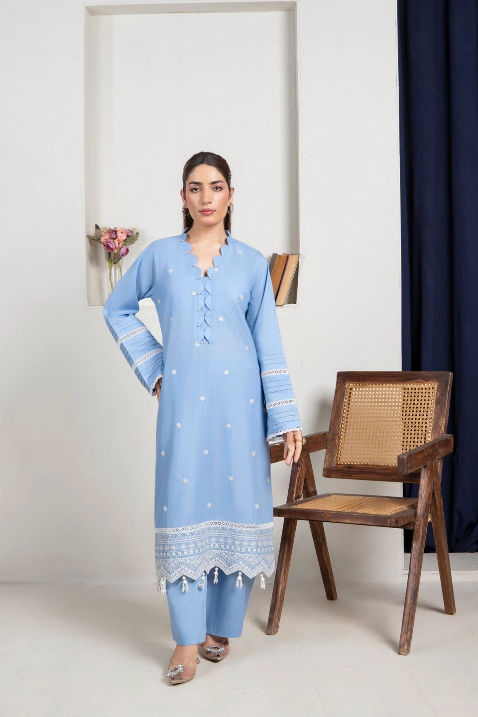 Sky-Blue Embroidered Kurti with Pants (2Pc)