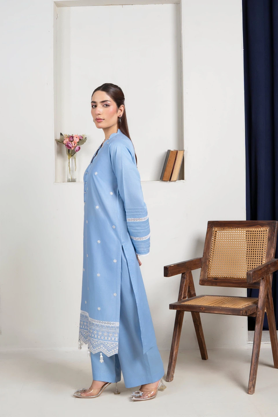 Sky-Blue Embroidered Kurti with Pants (2Pc) - photo 3