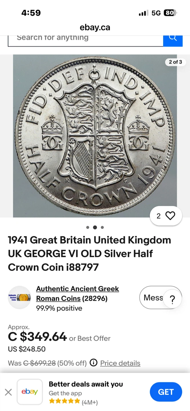 Vintage 1941  UK George VI Silver Half Crown Coin - photo 3