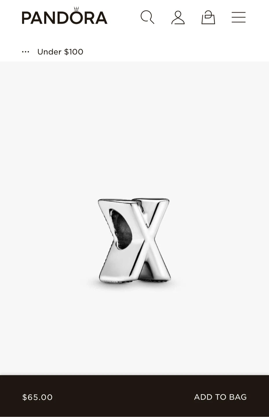 Pandora Sterling Silver 'X' Charm