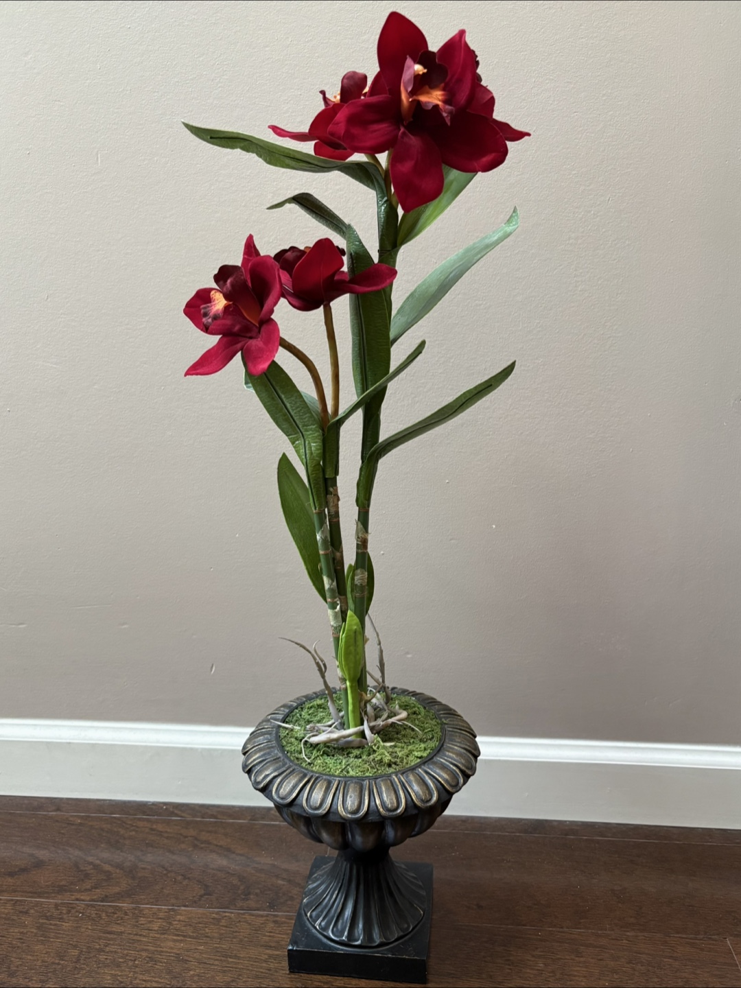 Artificial Red Orchid Plant in Decorative Urn 28” Tall