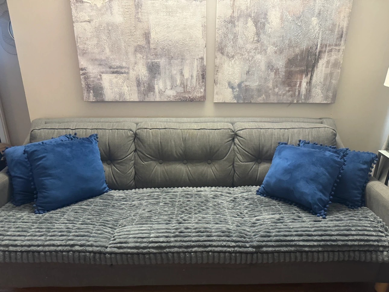 Gray IKEA Sofa with 4 Navy Pillows and Throw