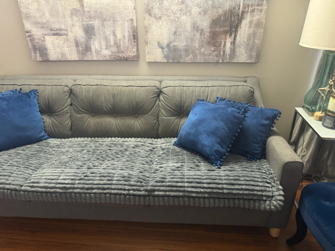 Gray IKEA Sofa with 4 Navy Pillows and Throw - photo 2