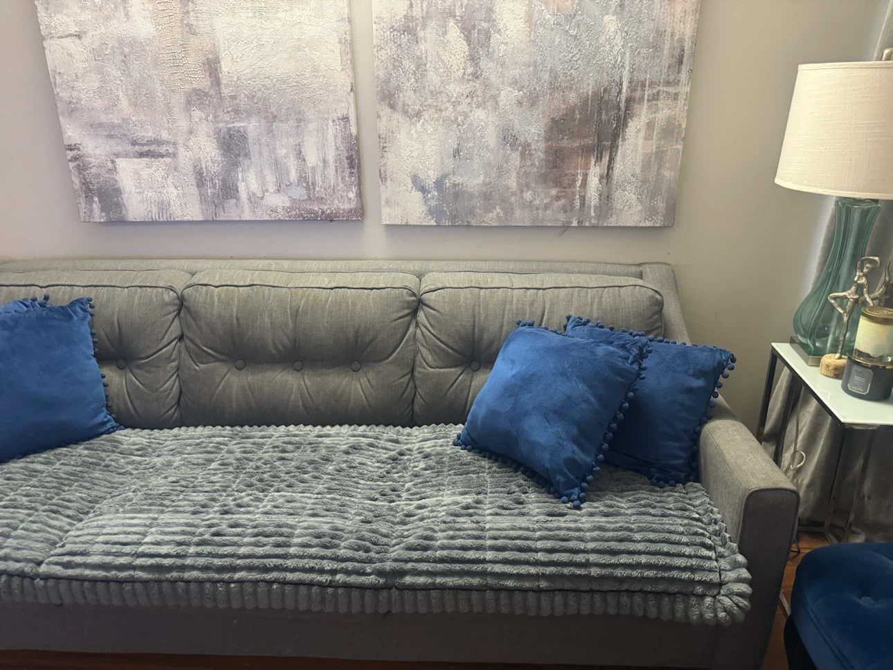 Gray IKEA Sofa with 4 Navy Pillows and Throw - photo 3
