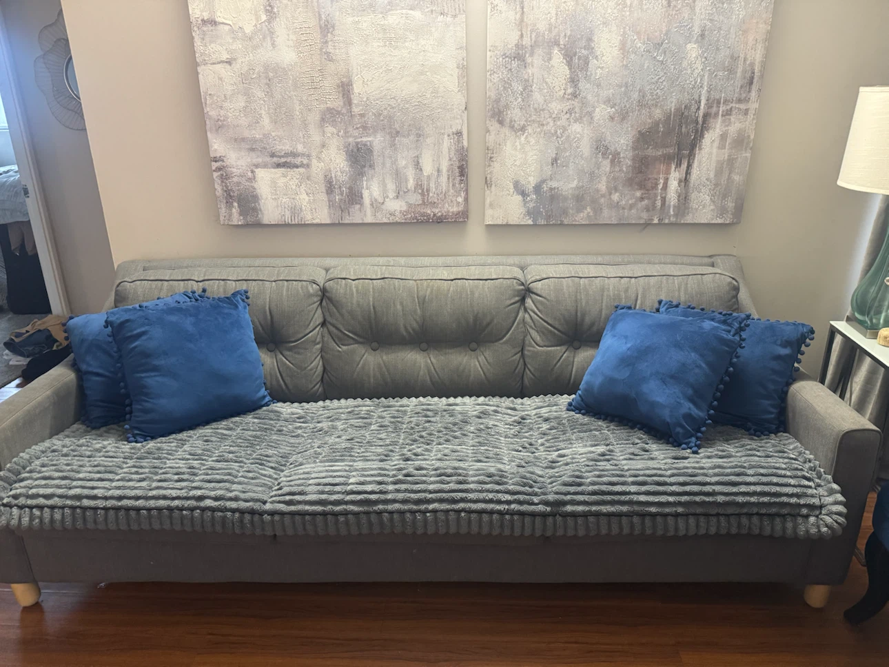 Gray IKEA Sofa with 4 Navy Pillows and Throw - photo 4