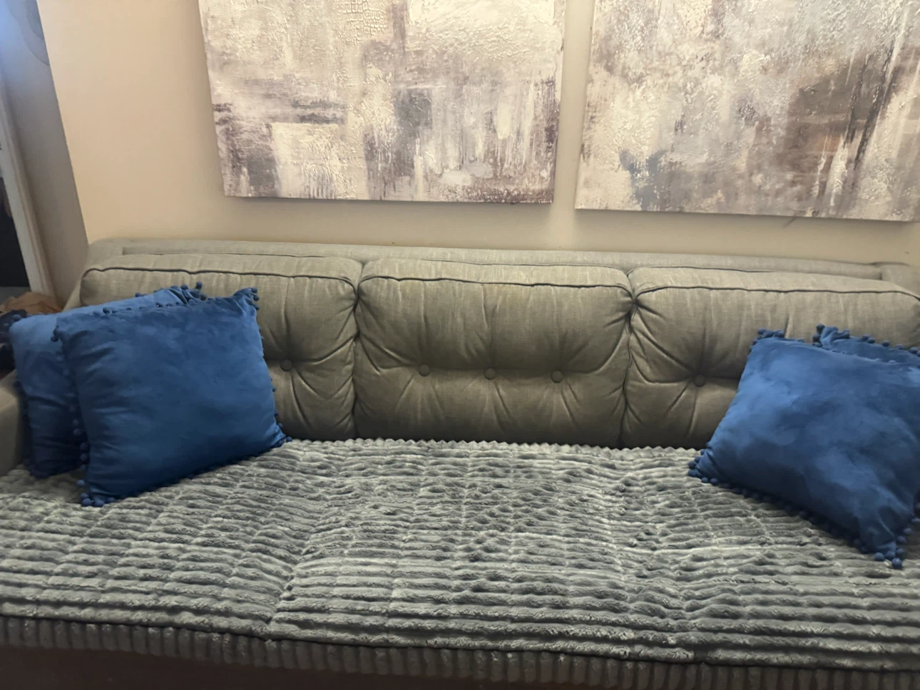 Gray IKEA Sofa with 4 Navy Pillows and Throw - photo 5
