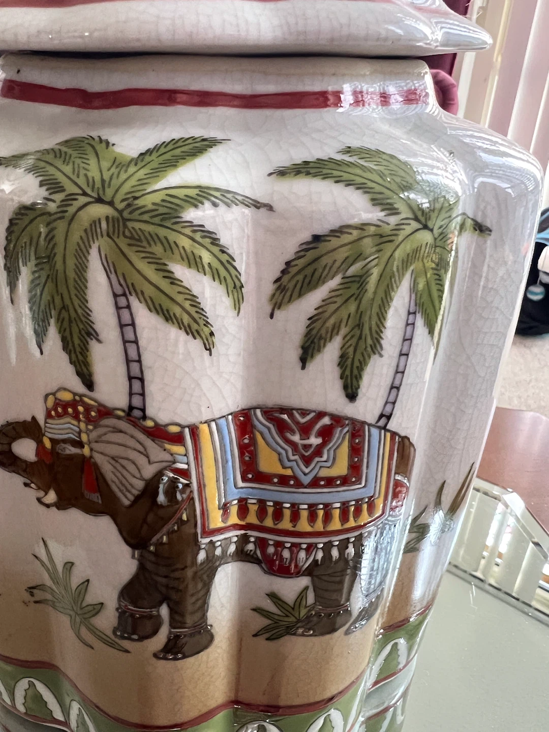 Decorative Ceramic Jar with Elephant and Palm Tree Design