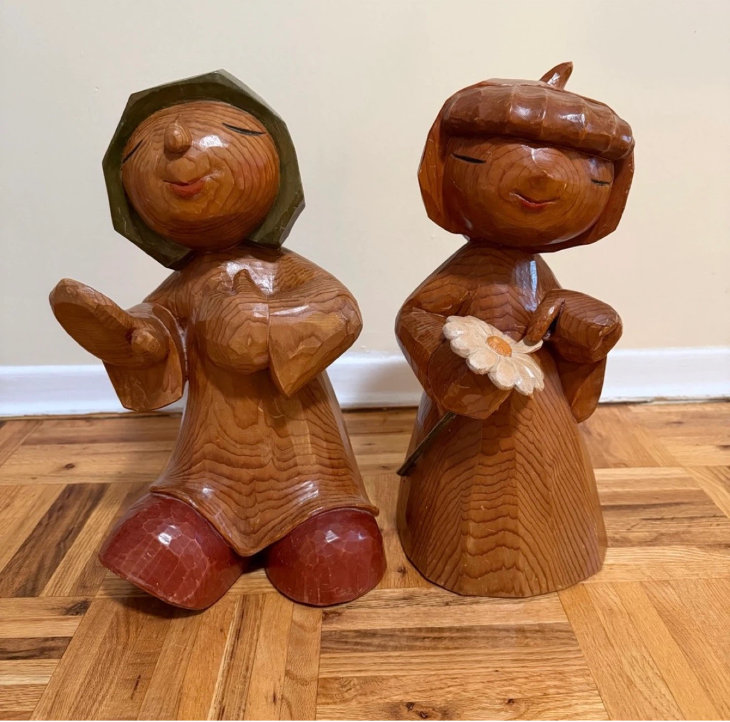 Japanese Vintage Handmade Wood Sculpture Girl Boy