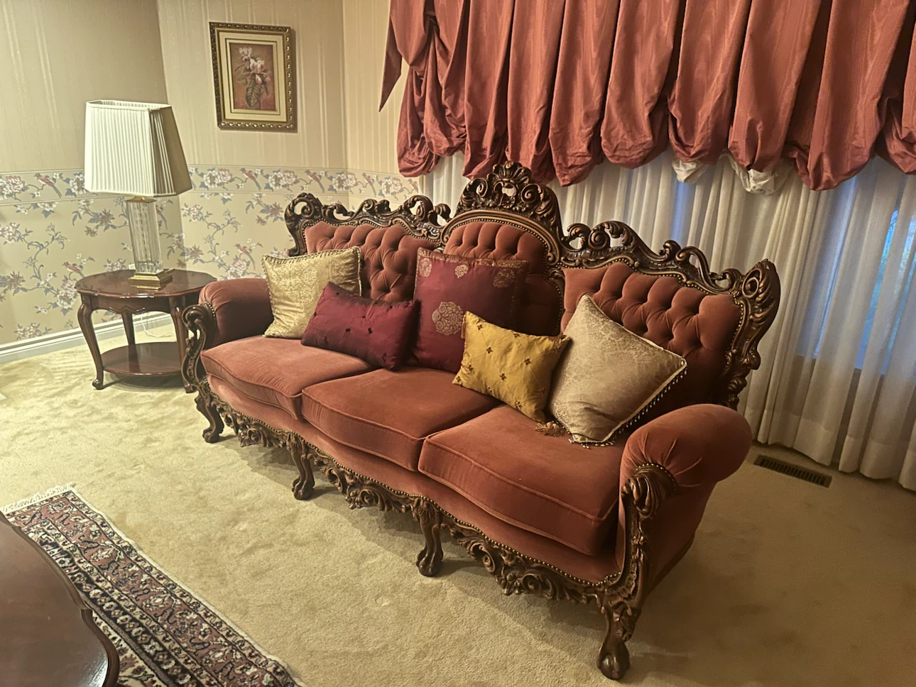 MOVING SALE 3pc sofa set- Ornate Sofa with Carved Wood Details
