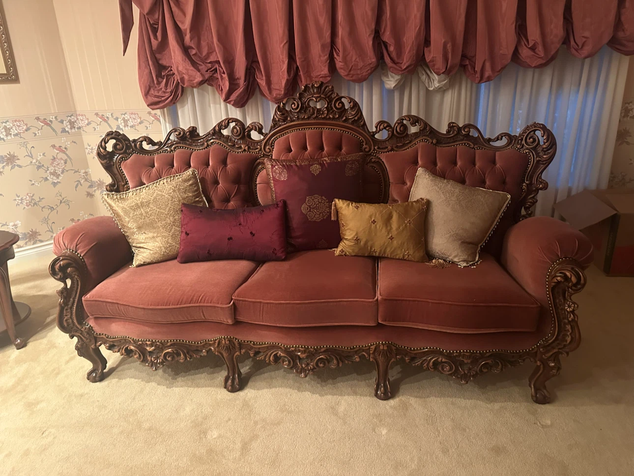 MOVING SALE 3pc sofa set- Ornate Sofa with Carved Wood Details - photo 2