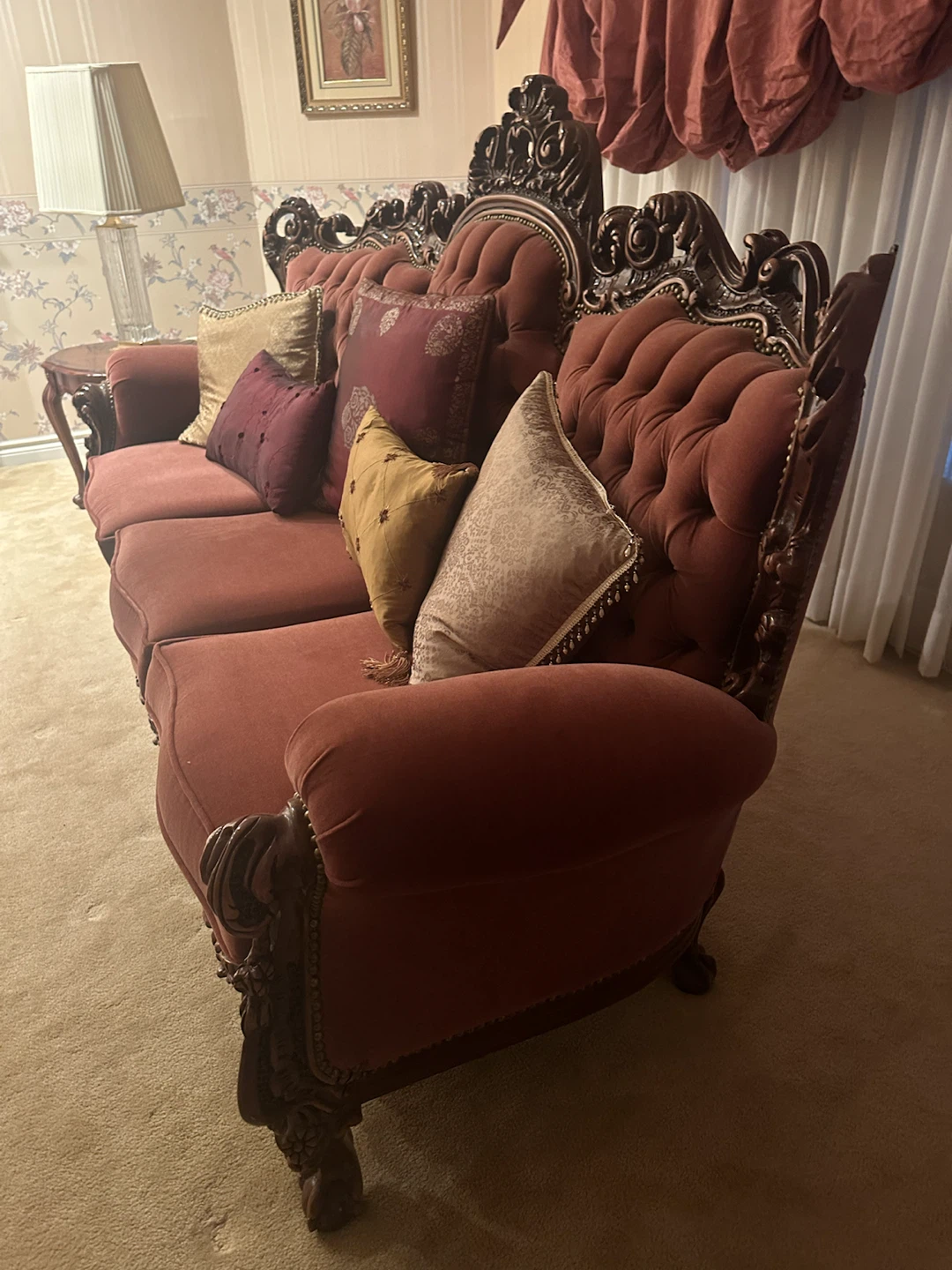 MOVING SALE 3pc sofa set- Ornate Sofa with Carved Wood Details - photo 3