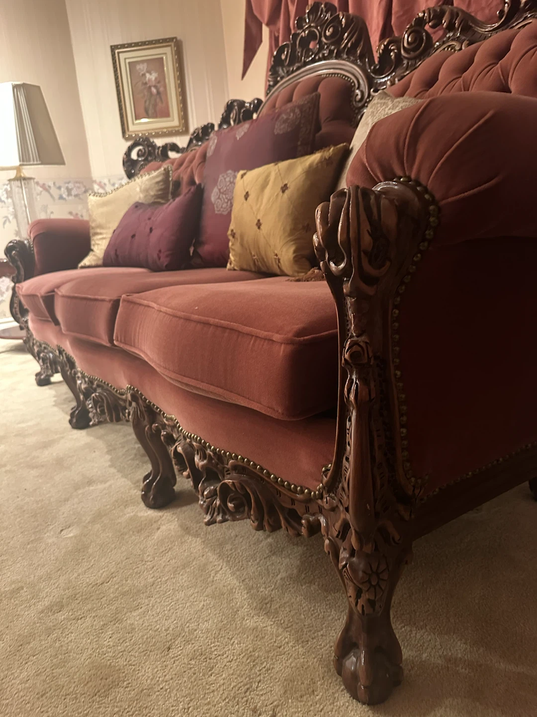 MOVING SALE 3pc sofa set- Ornate Sofa with Carved Wood Details - photo 5