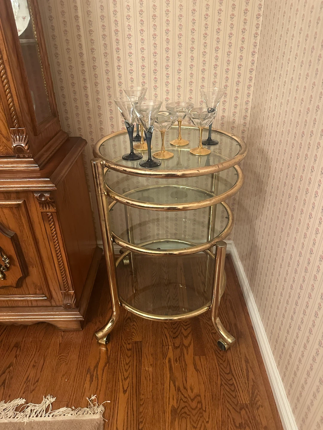 MOVING SALE Glass Bar Cart, marble tables, wooden table