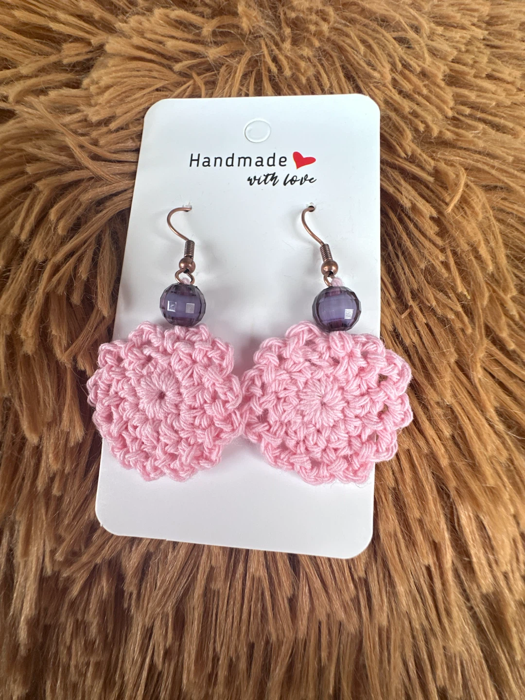 Handmade Pink Crochet Flower Earrings with Purple Beads