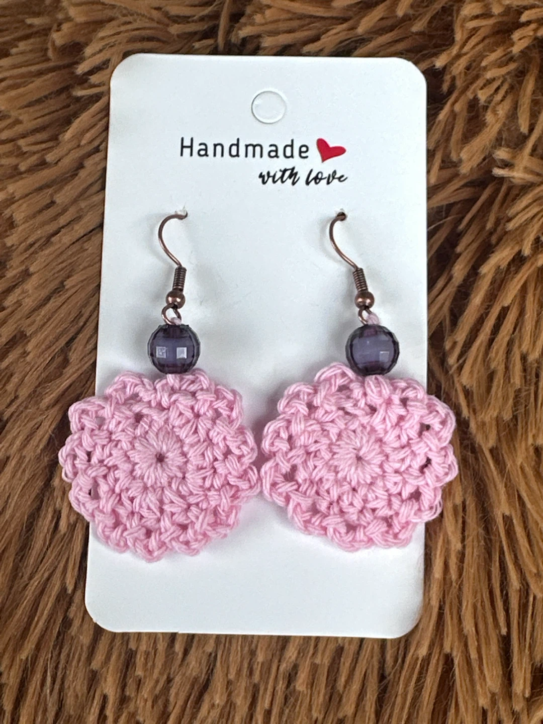 Handmade Pink Crochet Flower Earrings with Purple Beads - photo 2