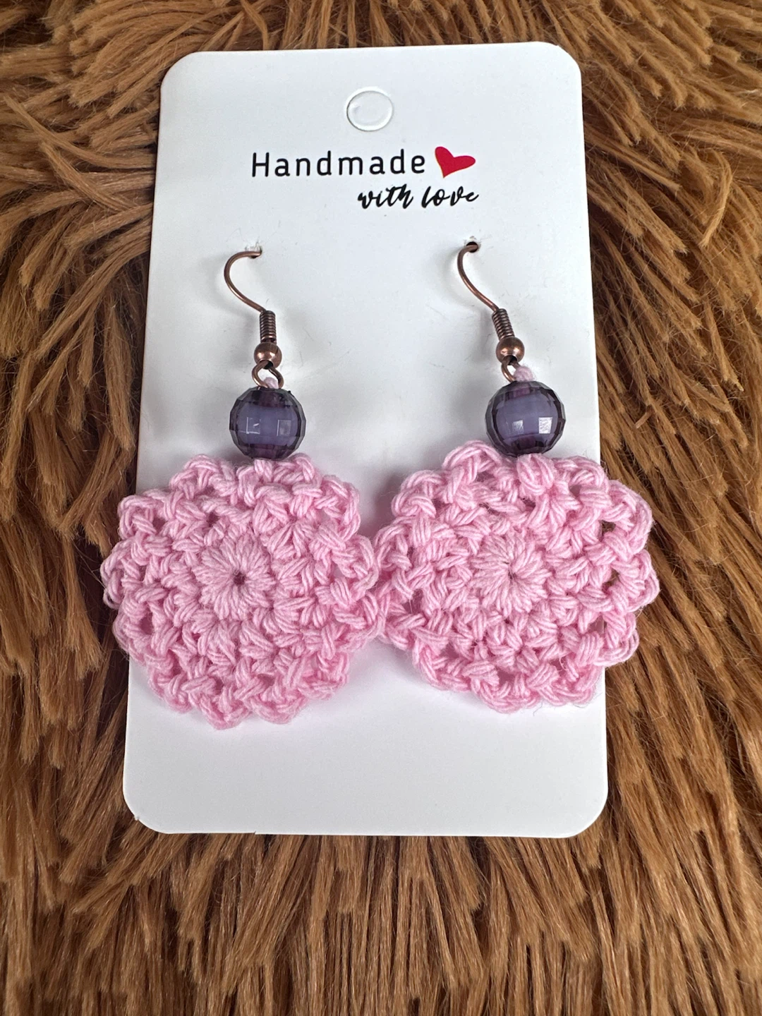Handmade Pink Crochet Flower Earrings with Purple Beads - photo 3