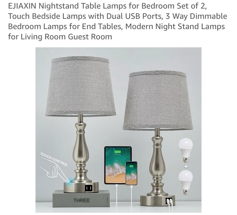 New Dimmable Table Lamps with Charging Ports Set of 2