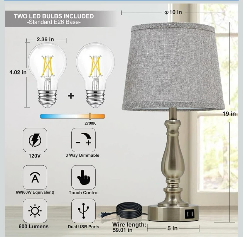 New Dimmable Table Lamps with Charging Ports Set of 2 - photo 3