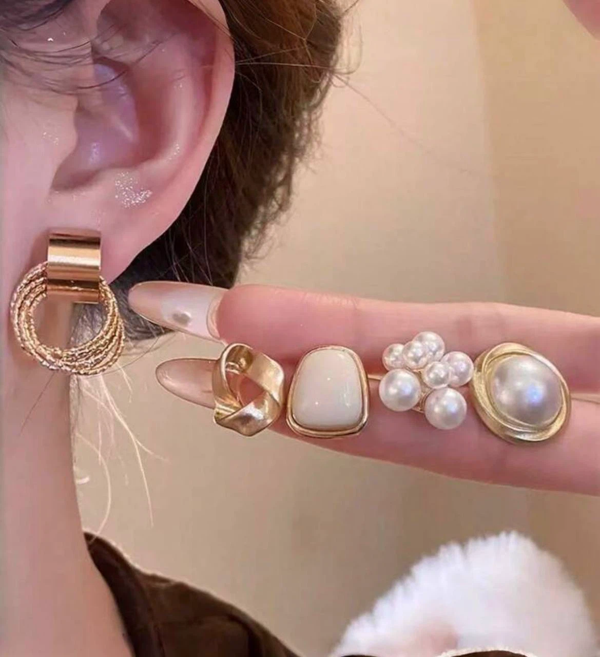 5-Pair Gold & Pearl Earring Set - photo 5