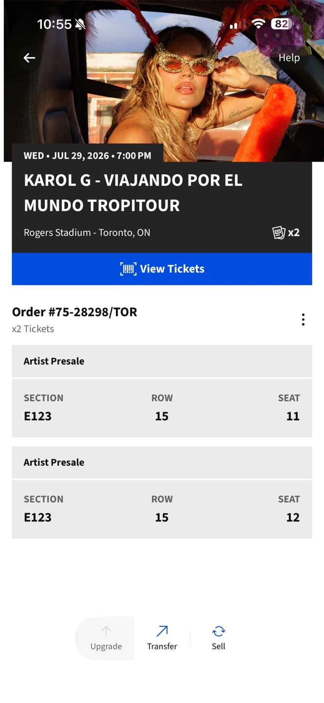 2x Karol G TROPITOUR Tickets - July 29, 2026 - Toronto
