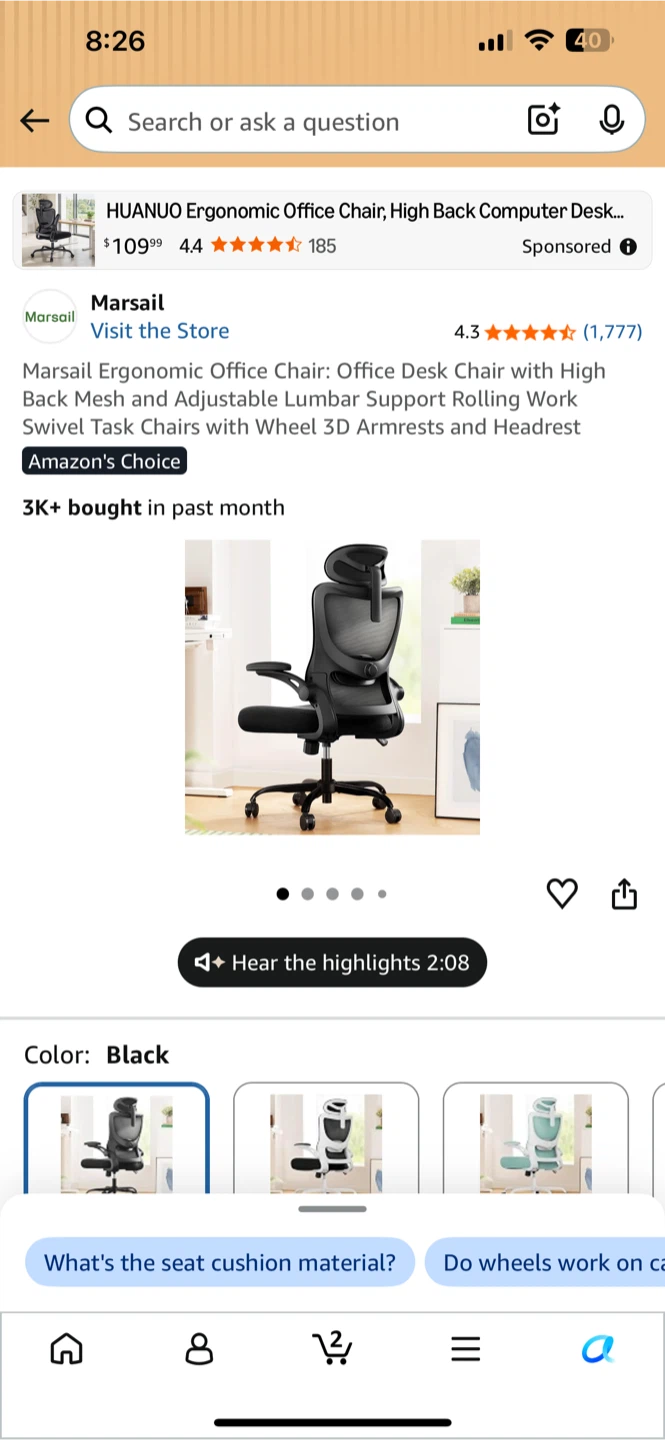 Marsail Ergonomic Office Chair - Black - photo 3