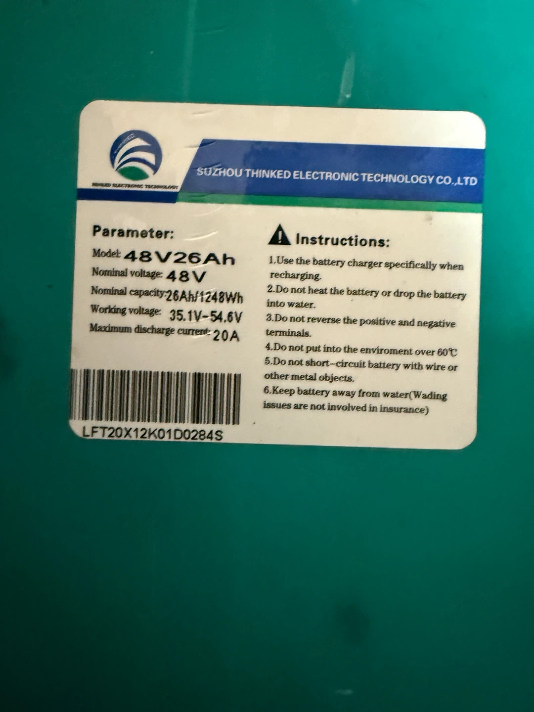 Brand new SUZHOU THINKED 48V 26Ah Electric Bike Battery