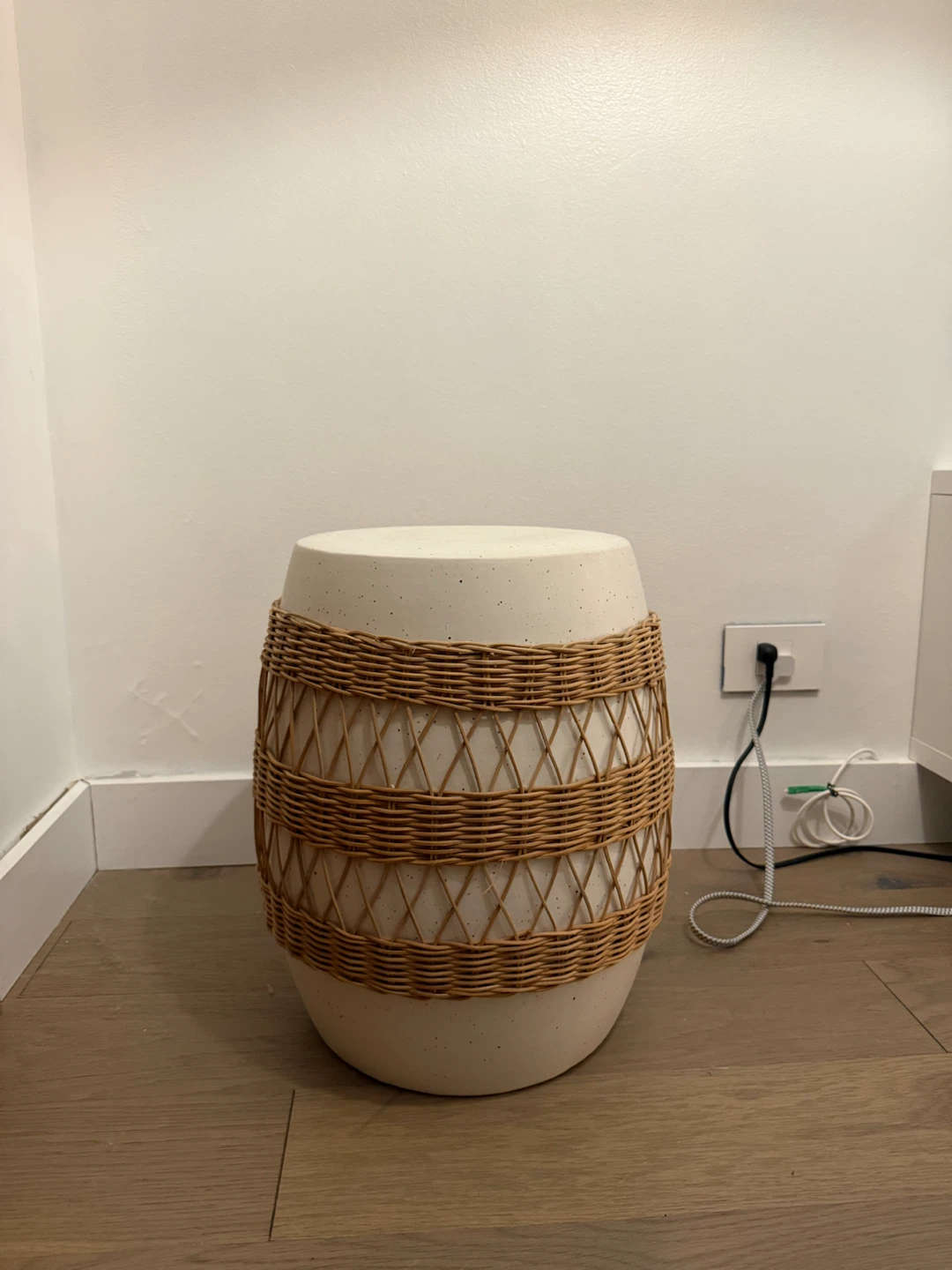 Ceramic Garden Stool with Woven Rattan Detail