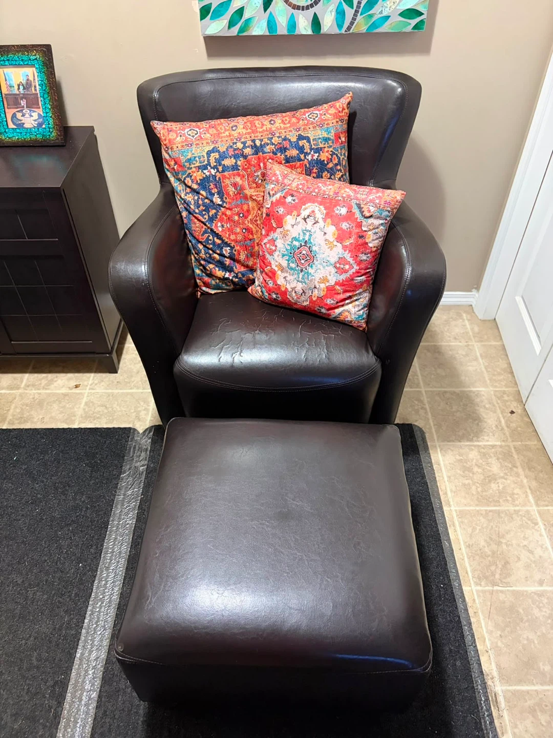 Brown Leather Accent Chair with Ottoman