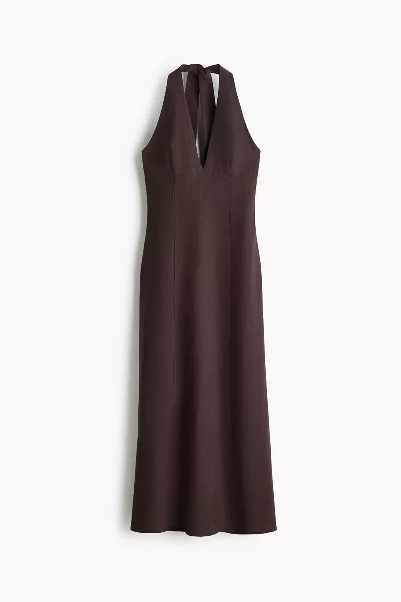 100% H&M Linen Halterneck Dress - Dark Brown L