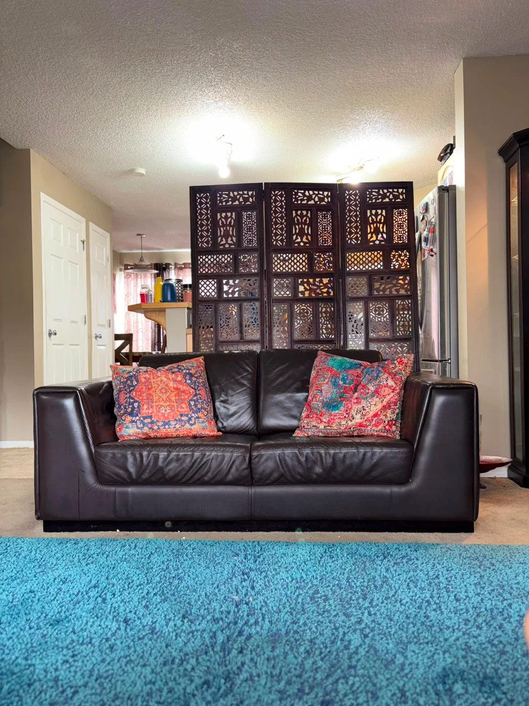 Dark Brown Leather Sofa with Decorative Pillows - photo 2