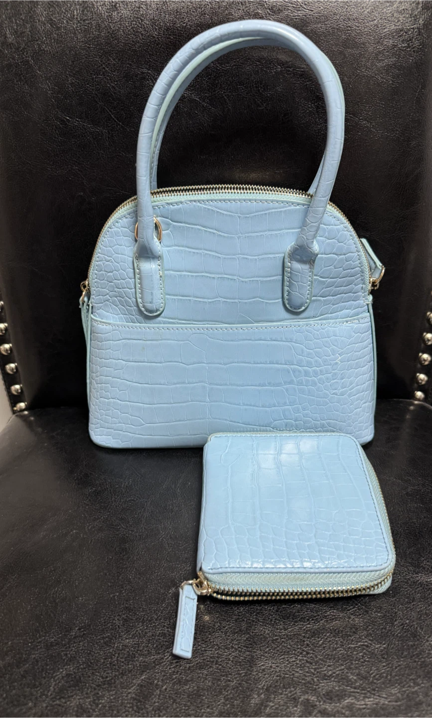 Light Blue Croc-Embossed Handbag with Matching Wallet