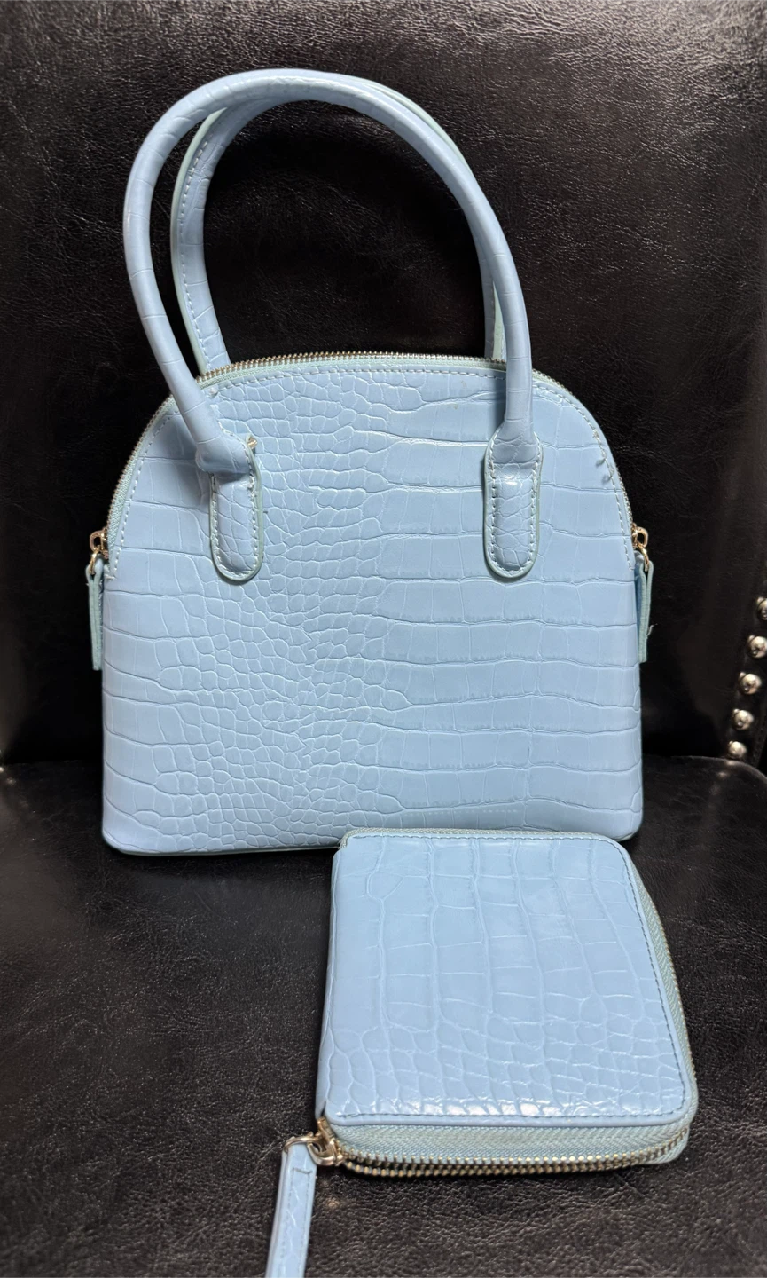 Light Blue Croc-Embossed Handbag with Matching Wallet - photo 2