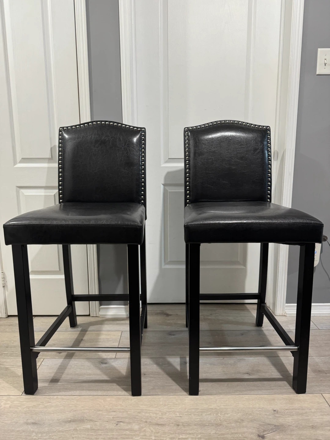 Set of 2 Black Faux Leather Bar Stools with Nailhead Trim