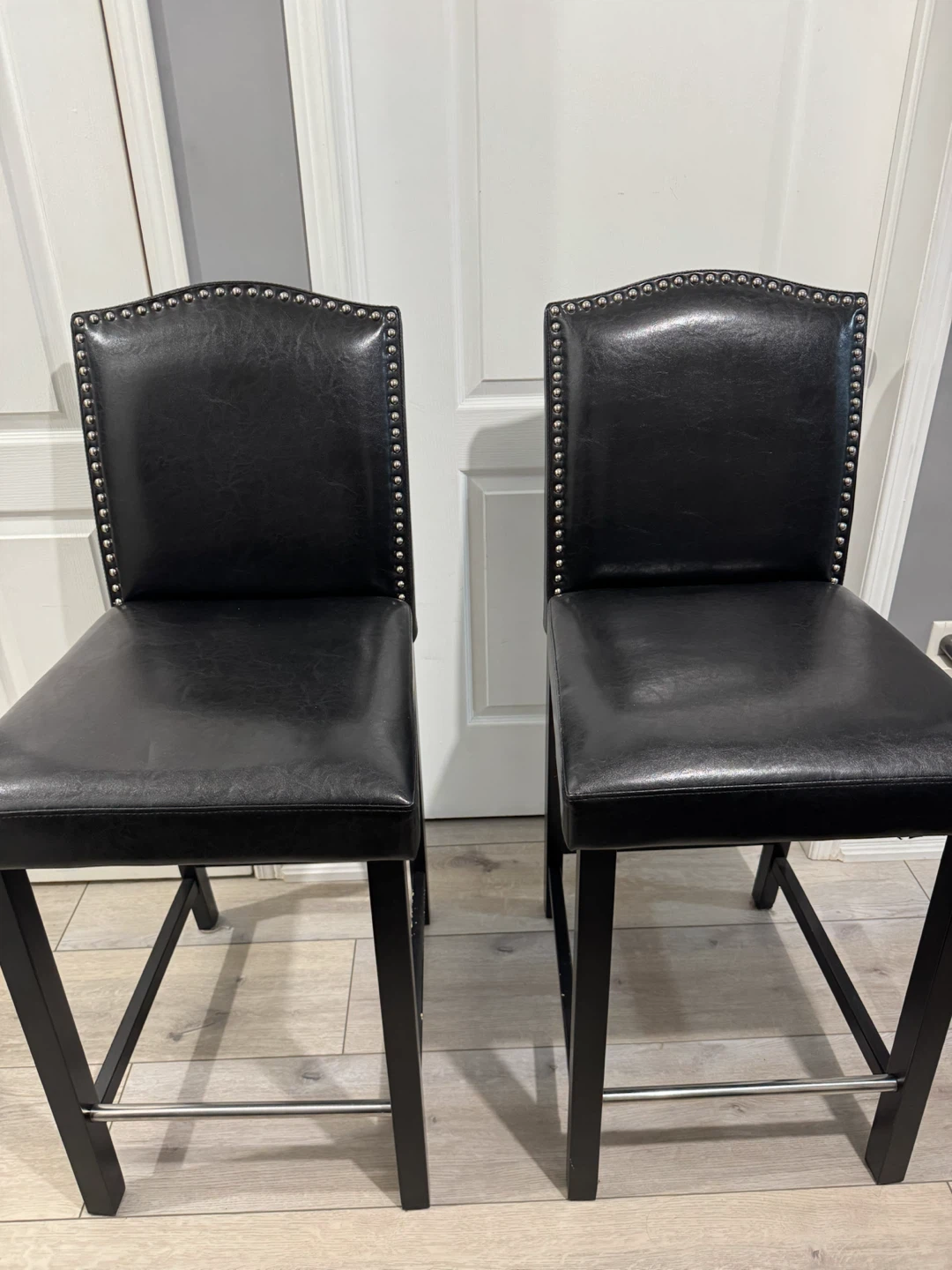 Set of 2 Black Faux Leather Bar Stools with Nailhead Trim - photo 2