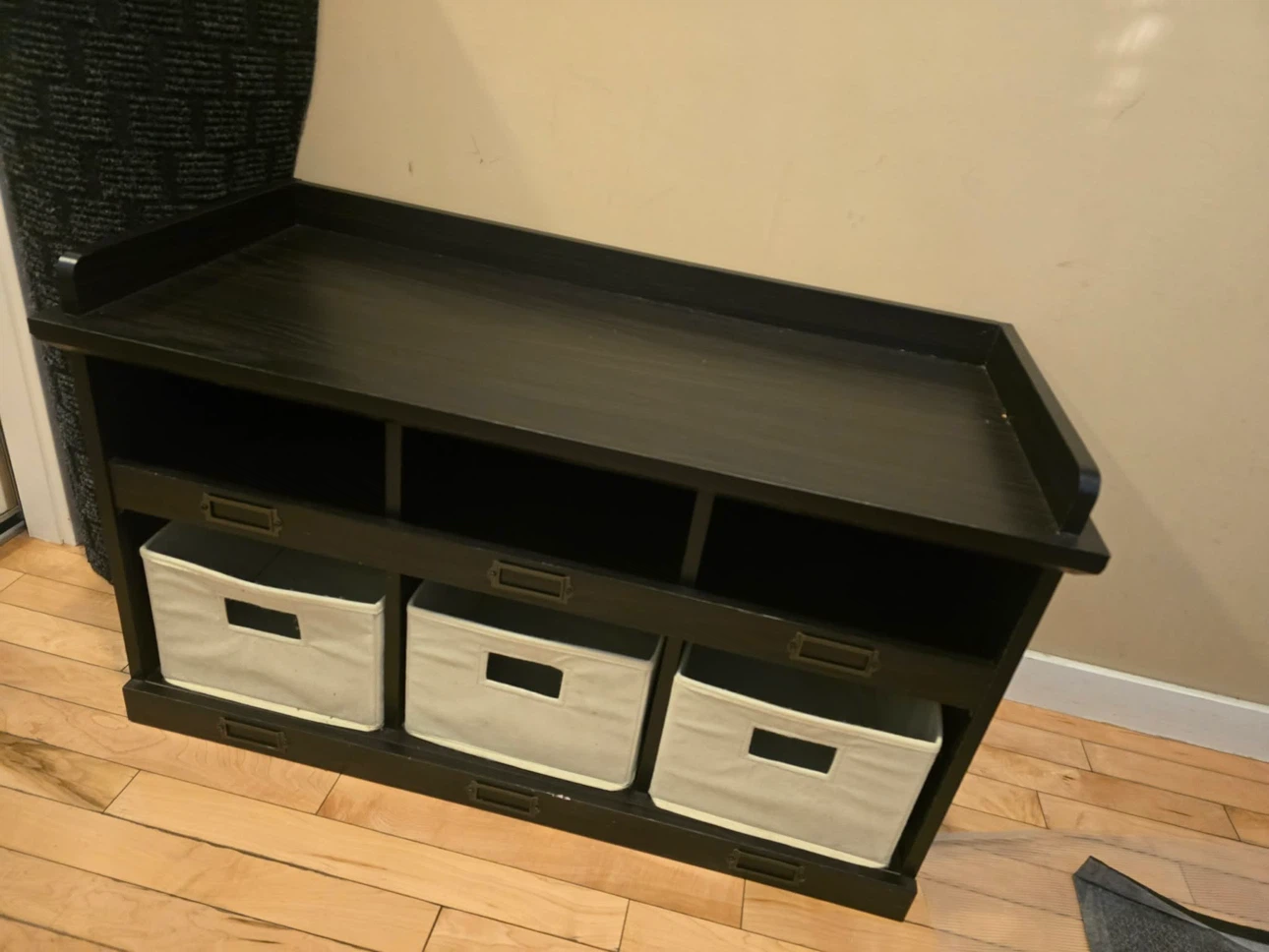 Black Entryway Bench with 3 Storage Cubbies and Baskets - photo 2