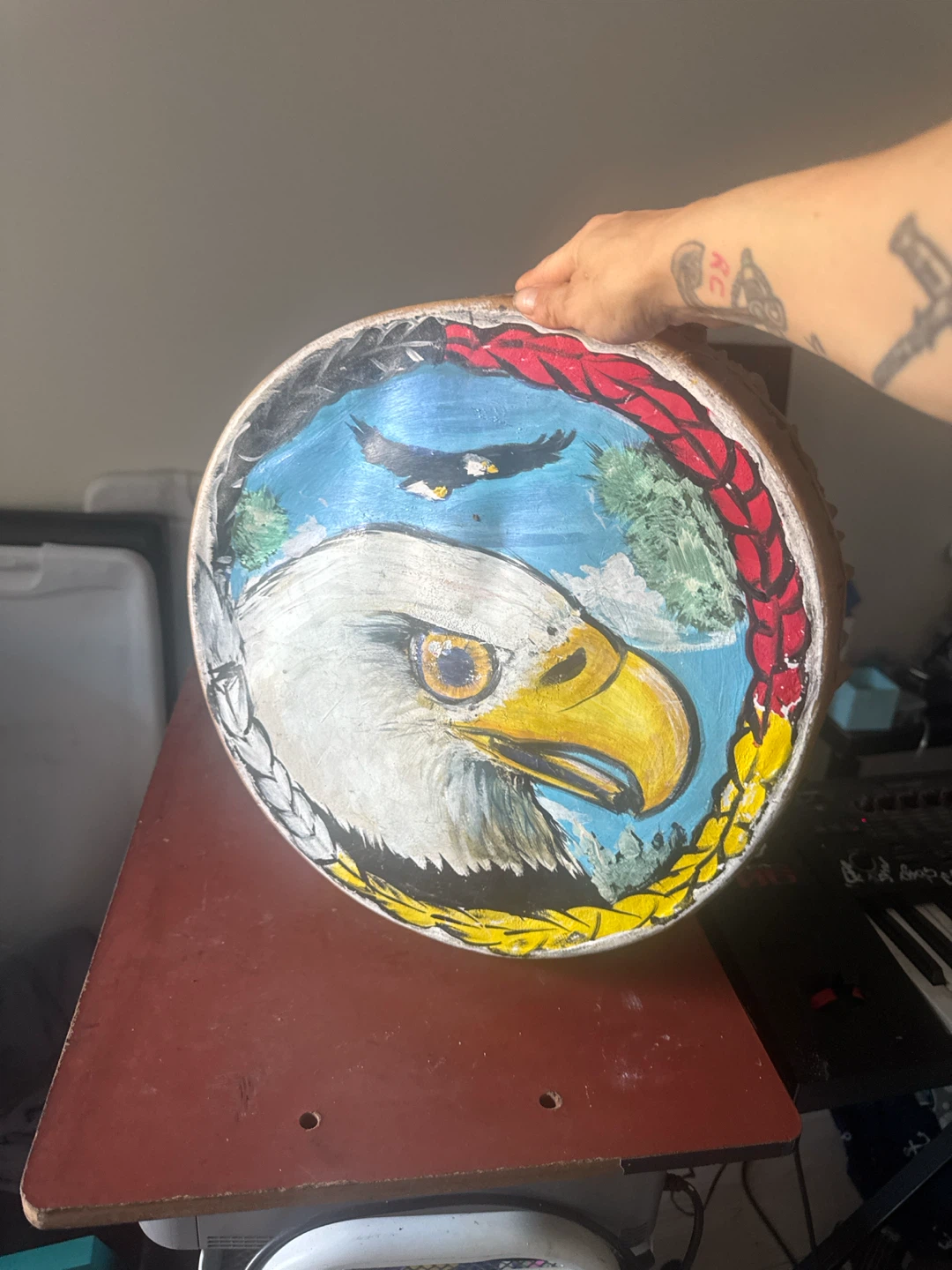 Hand-Painted Drum with Eagle Design