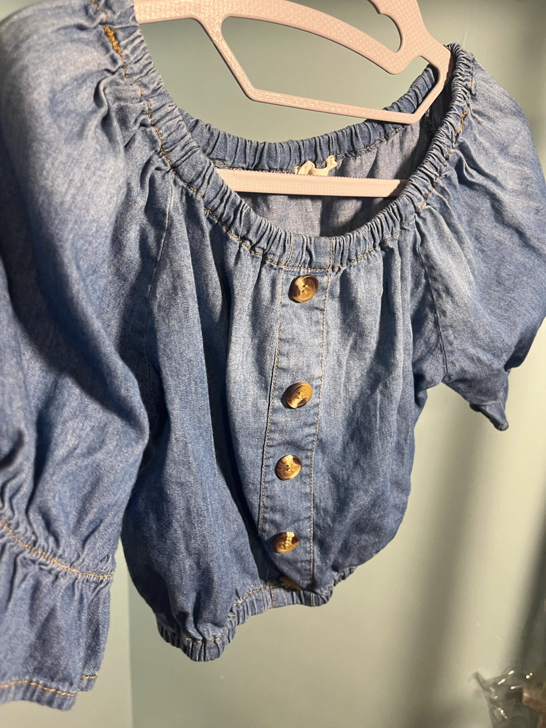 Denim off-the-shoulder puff sleeve top size L