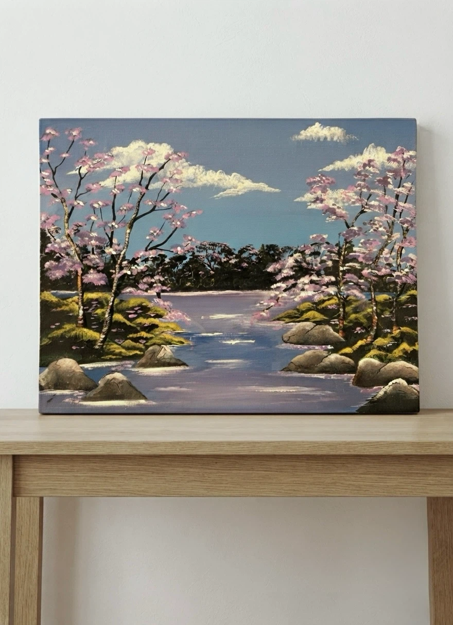 Canvas Painting of Cherry Blossoms by a Lake
