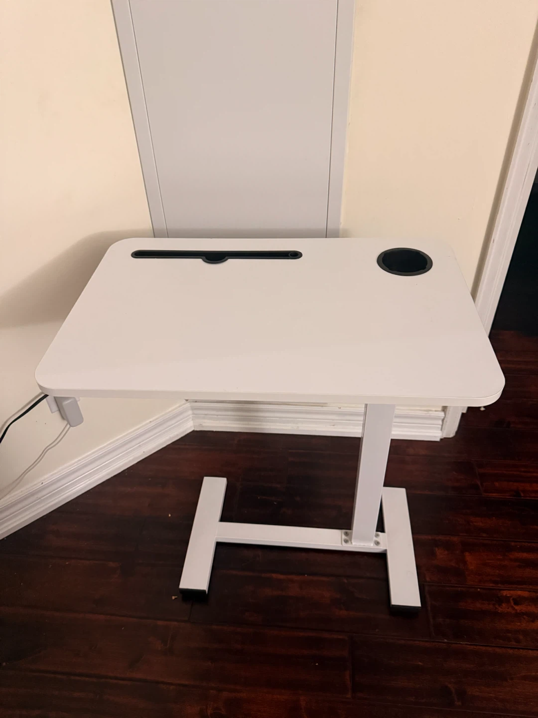 Adjustable White Bedside Table with Cup Holder