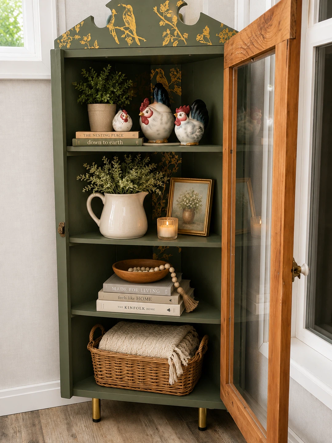 Corner Cabinet with Glass Door and Decorative Roosters