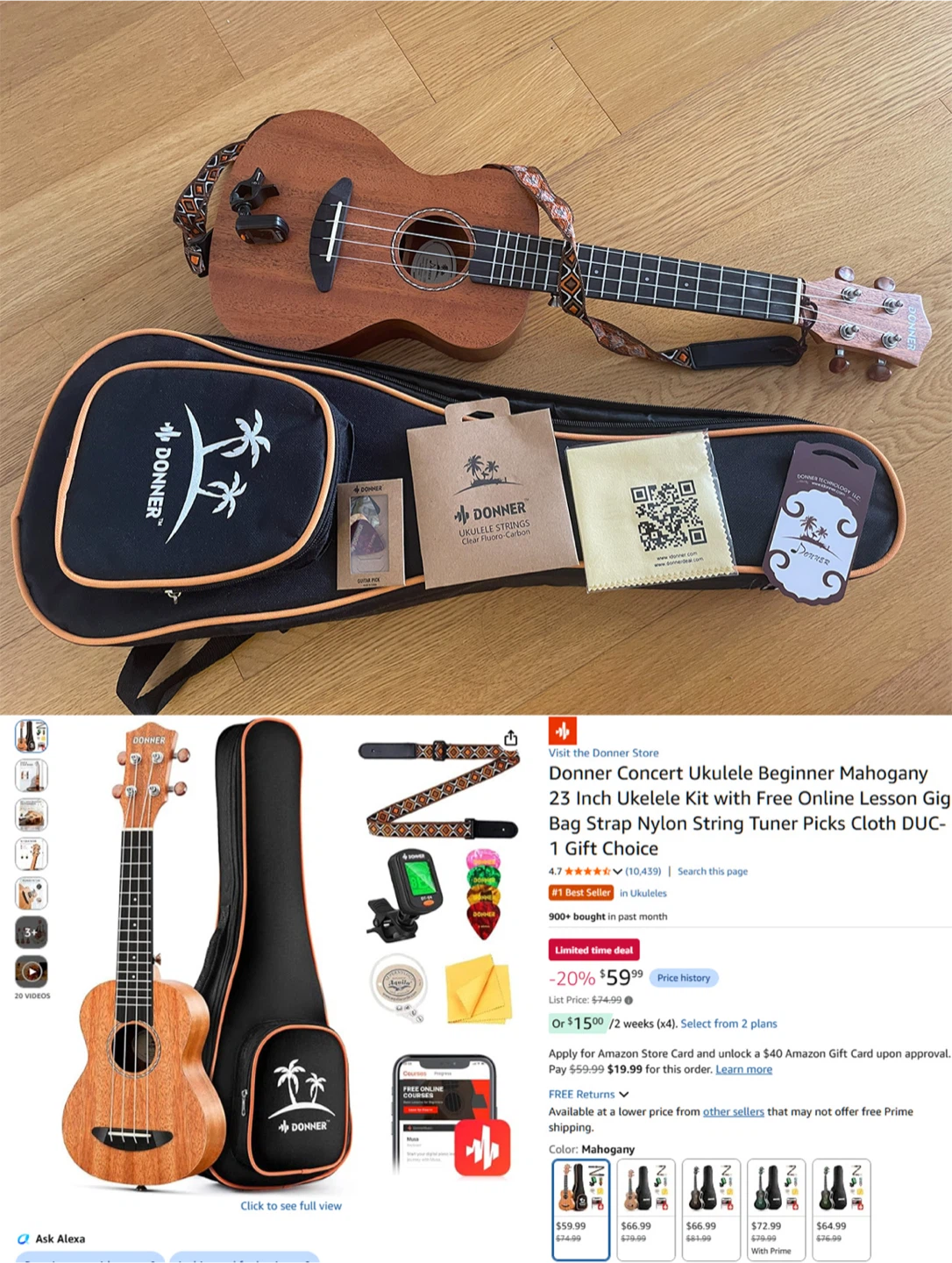 Donner Concert Ukulele 23 Inch Ukelele Kit
