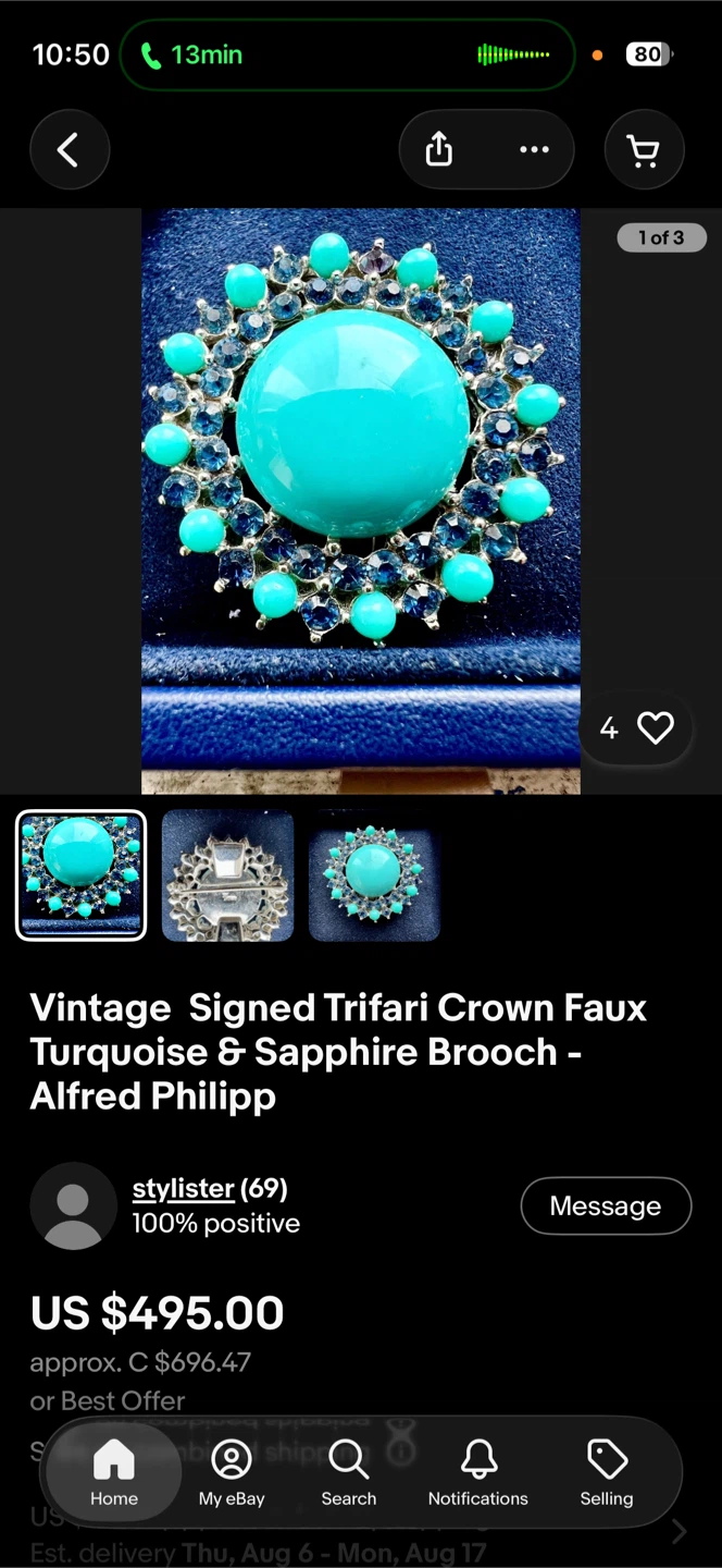 Trifari Vintage Brooch - Turquoise & Blue Stones - photo 2