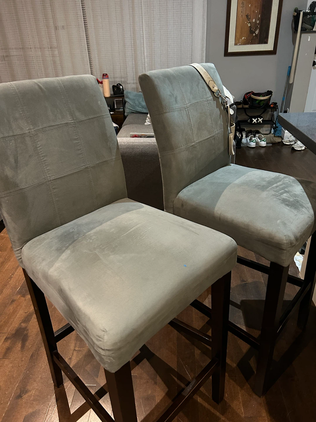 Set of 2 Grey Suede like Bar Stools