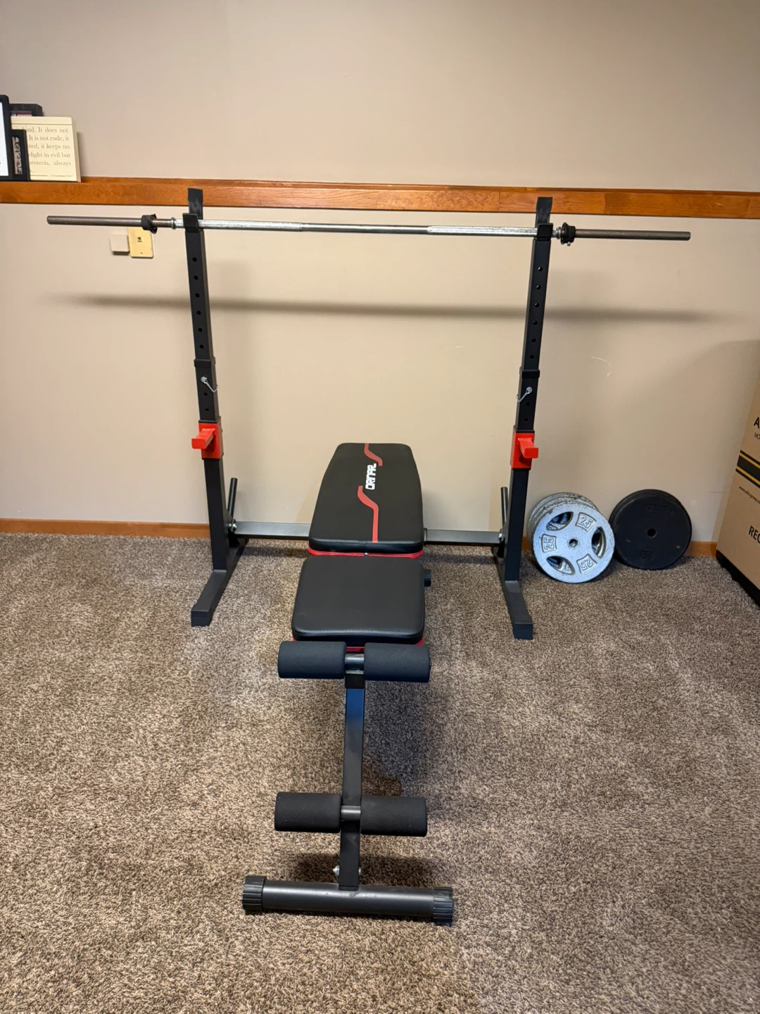 Squat Rack, Bench, and Weight Plates Set