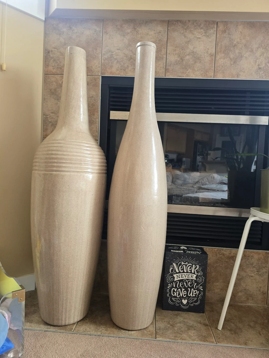 Set of 2 Tall Beige Ceramic Vases