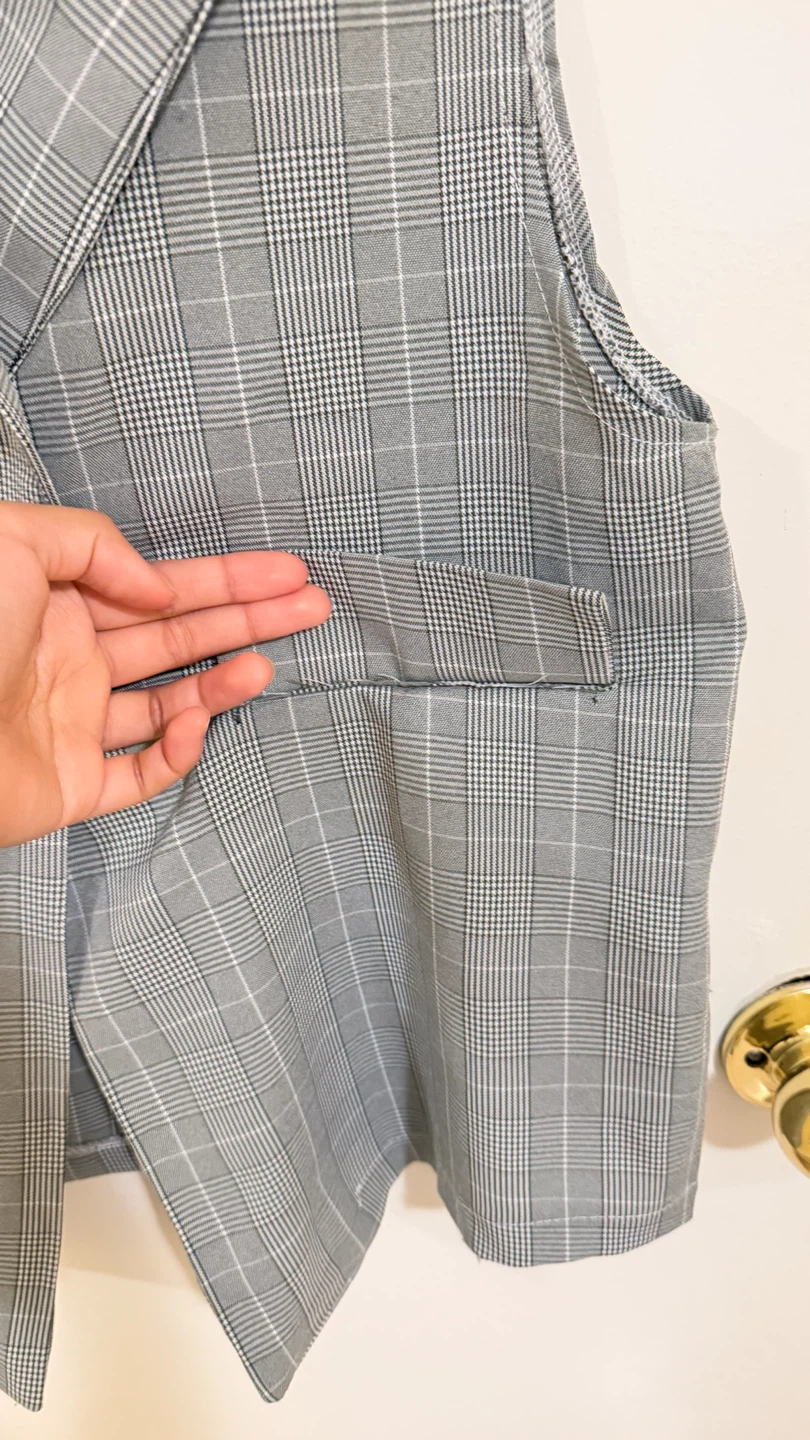 Grey Plaid Sleeveless Blazer Vest