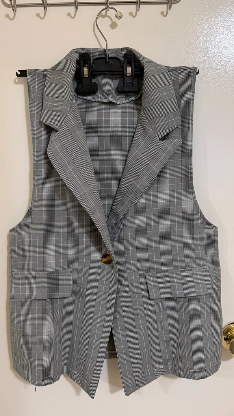 Grey Plaid Sleeveless Blazer Vest - photo 2