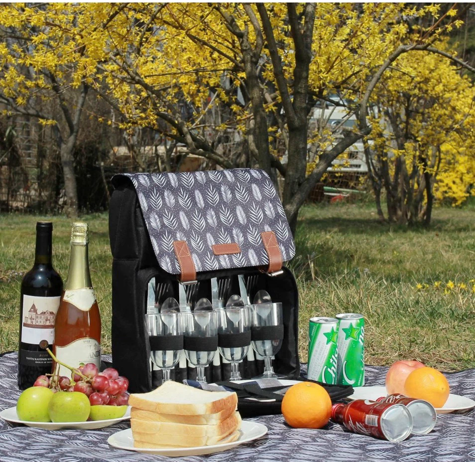 Picnic Backpack Set with Blanket and Service for 4