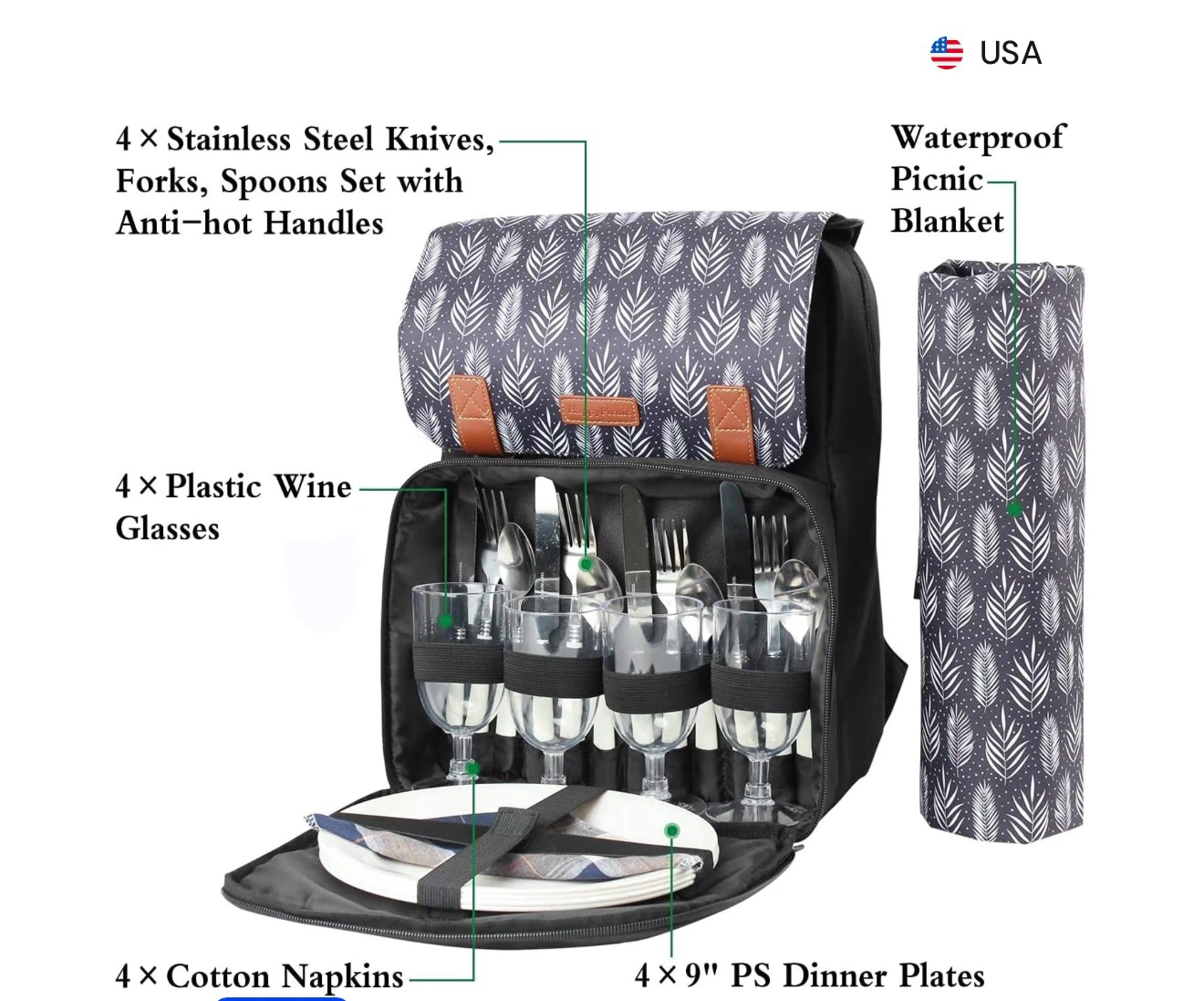 Picnic Backpack Set with Blanket and Service for 4 - photo 3